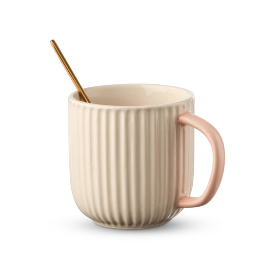 Vintage Style Ceramic Coffee Mug: BEIGE WITH PINK HANDLE
